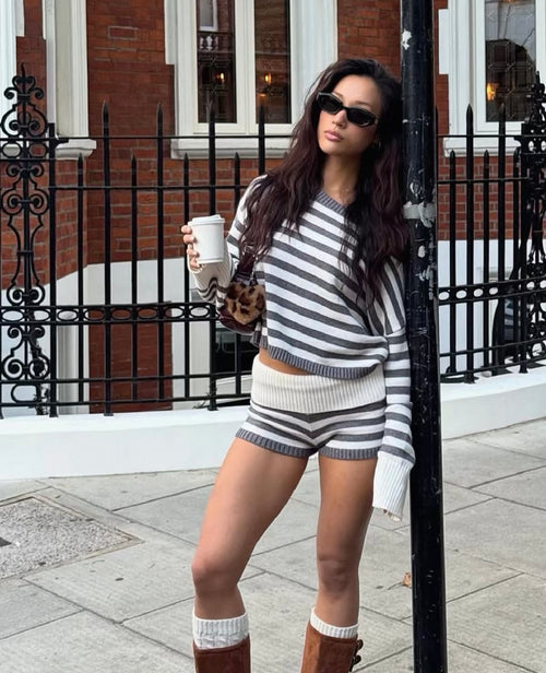 Striped Knit Off-Shoulder Jumper
